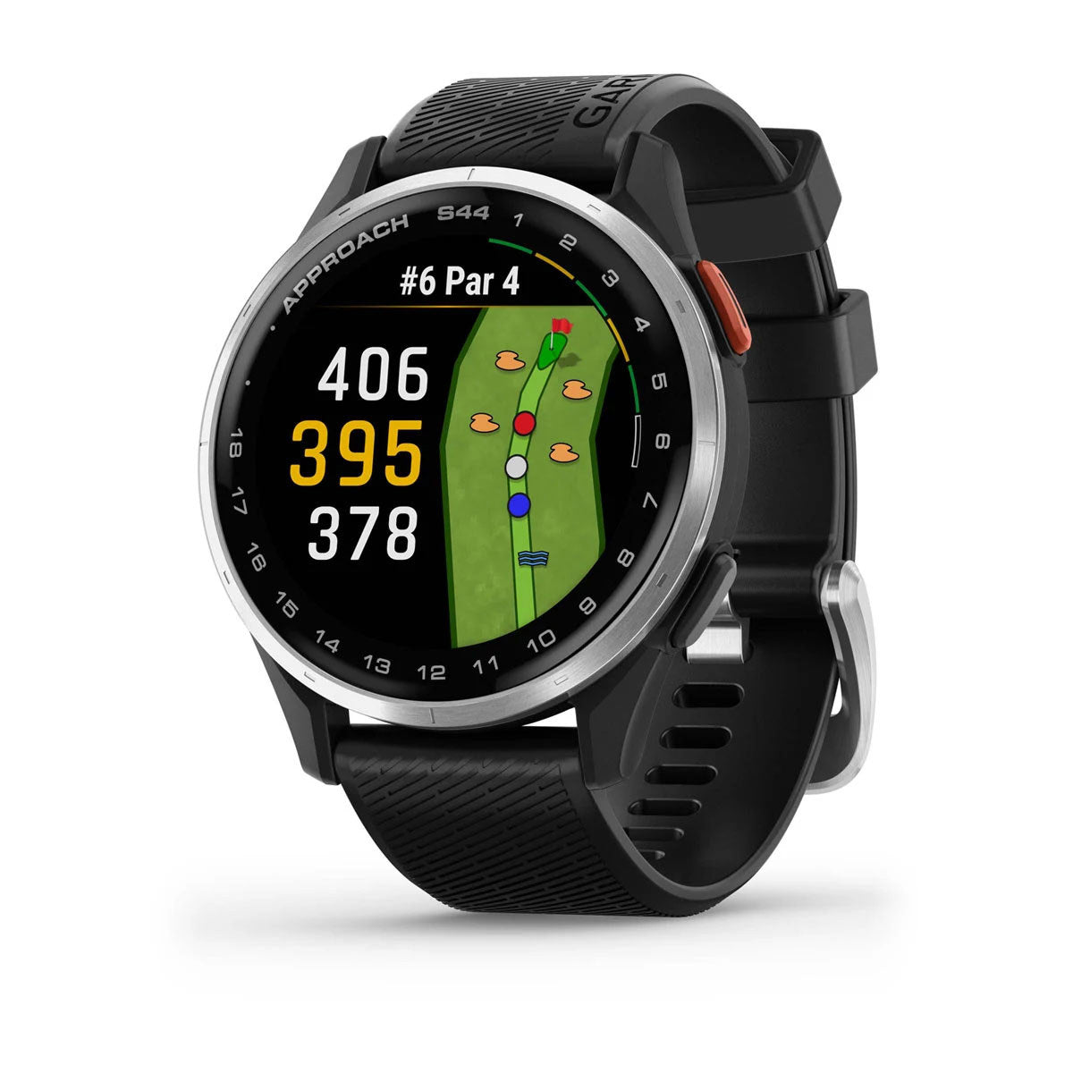 Garmin Approach S44 43mm AMOLED GPS Golf Smartwatch, Silver Aluminum Bezel with Black Silicone Band