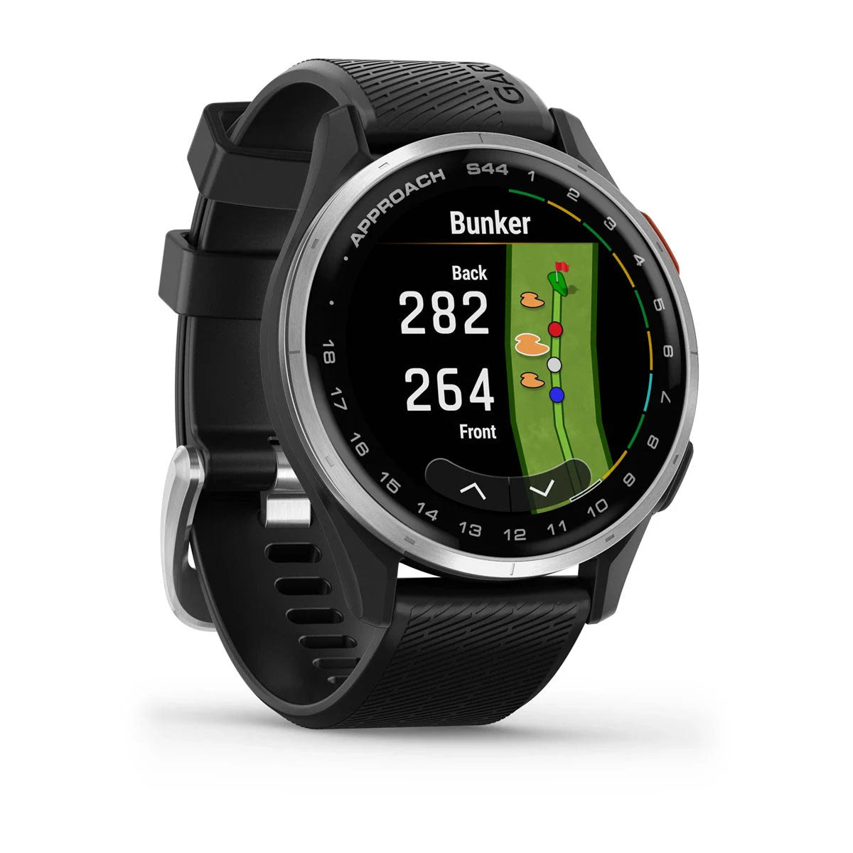 Garmin Approach S44 43mm AMOLED GPS Golf Smartwatch, Silver Aluminum Bezel with Black Silicone Band
