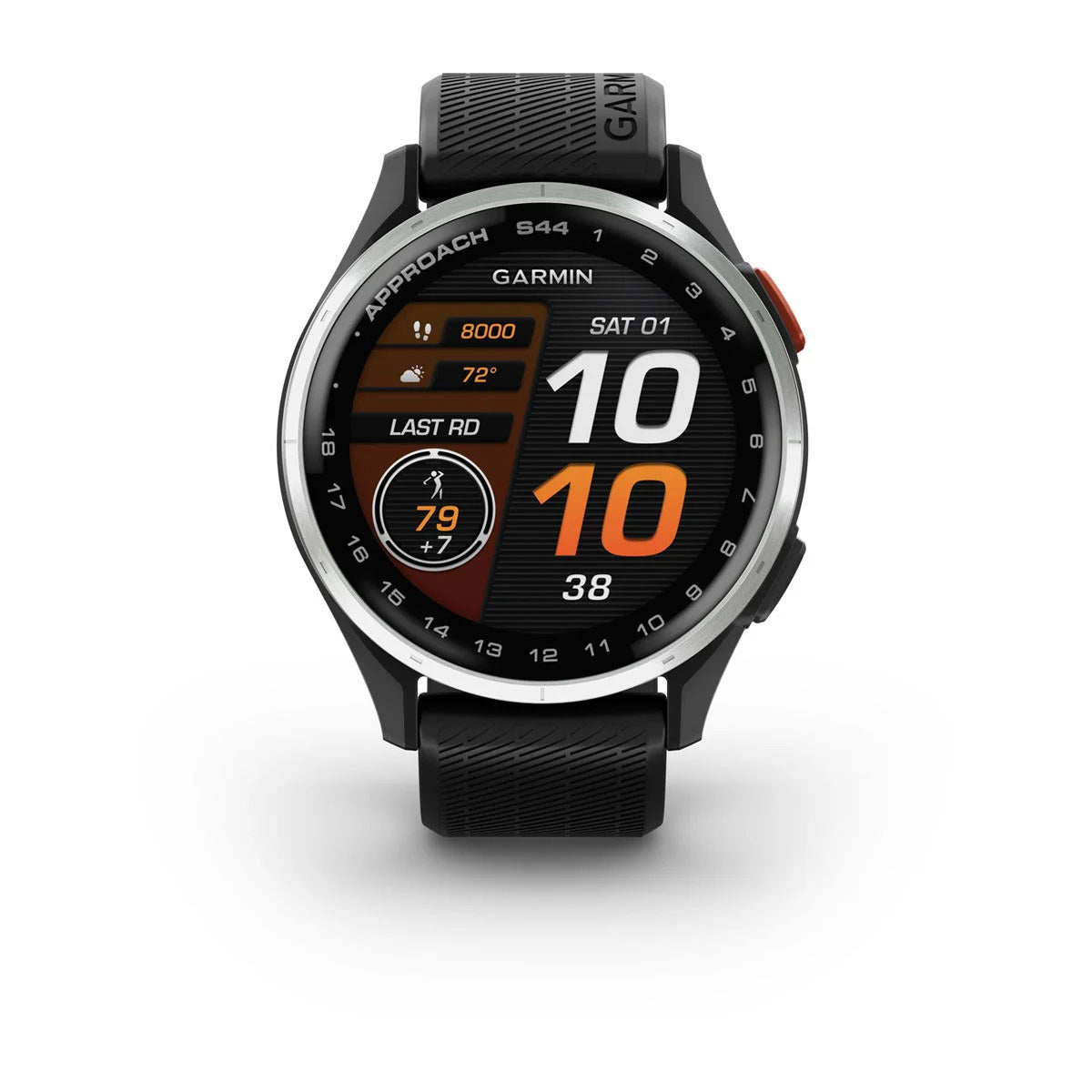 Garmin Approach S44 43mm AMOLED GPS Golf Smartwatch, Silver Aluminum Bezel with Black Silicone Band