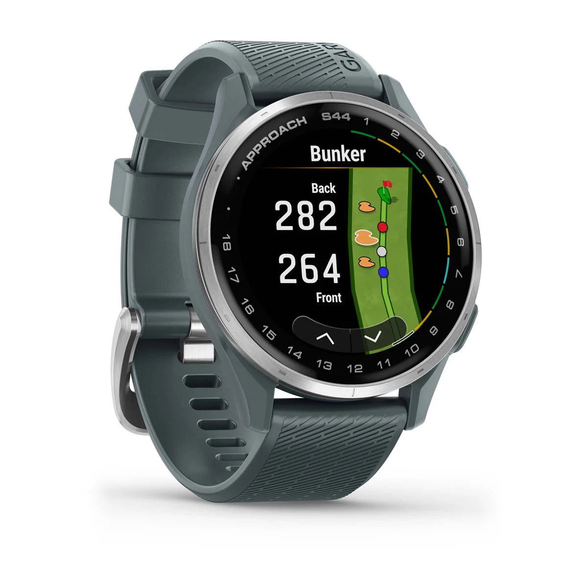 Garmin Approach S44 43mm AMOLED GPS Golf Smartwatch, Silver Aluminum Bezel with Twilight Silicone Band
