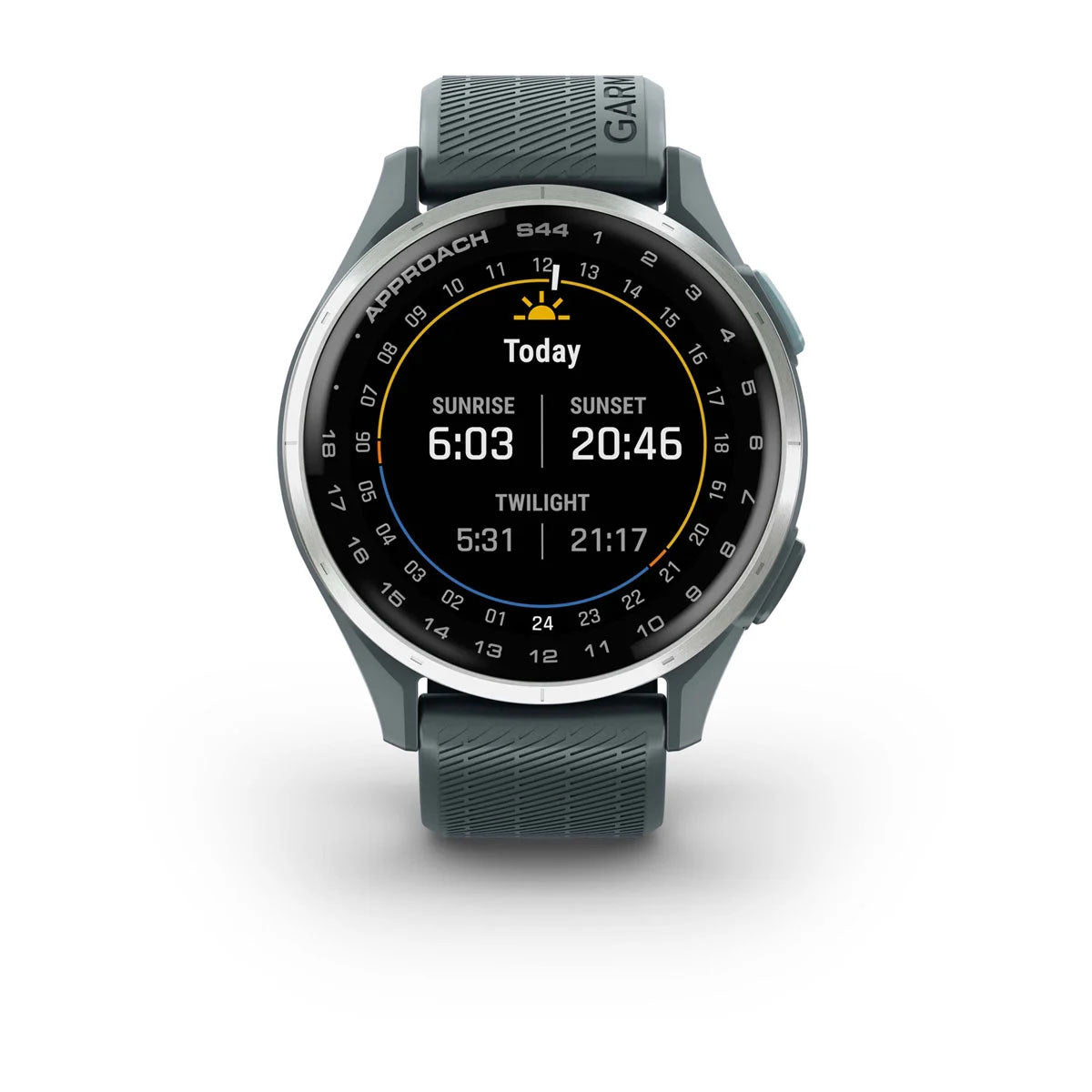 Garmin Approach S44 43mm AMOLED GPS Golf Smartwatch, Silver Aluminum Bezel with Twilight Silicone Band
