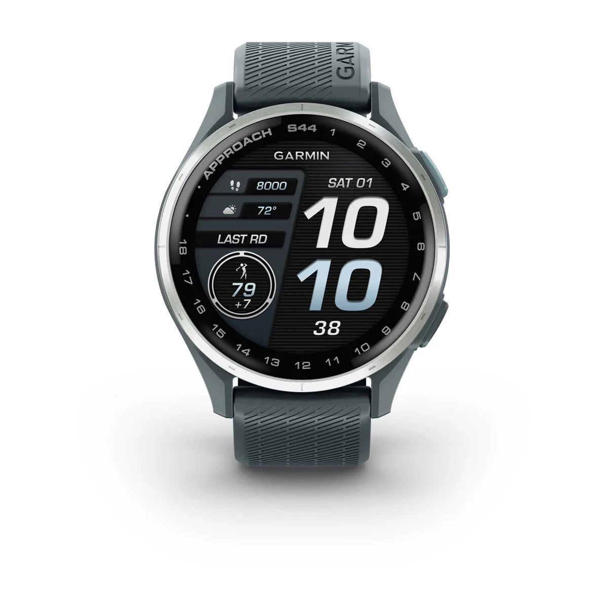 Garmin Approach S44 43mm AMOLED GPS Golf Smartwatch, Silver Aluminum Bezel with Twilight Silicone Band