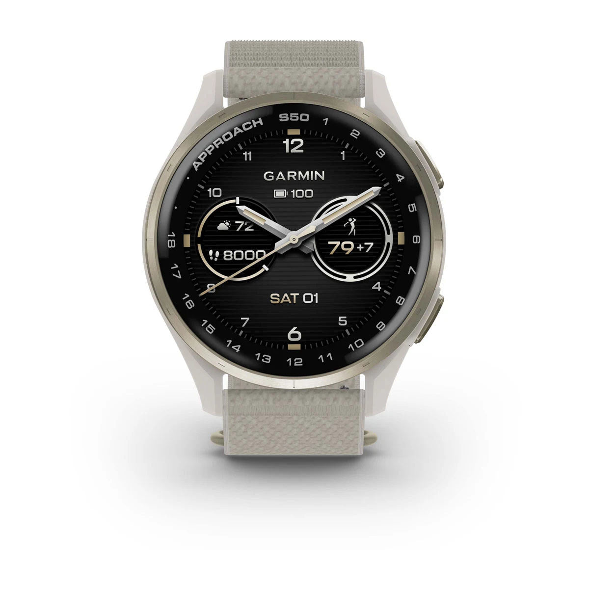 Garmin Approach S50 43mm AMOLED GPS Golf Smartwatch, Cream Gold Aluminum Bezel with Ivory ComfortFit Nylon Band