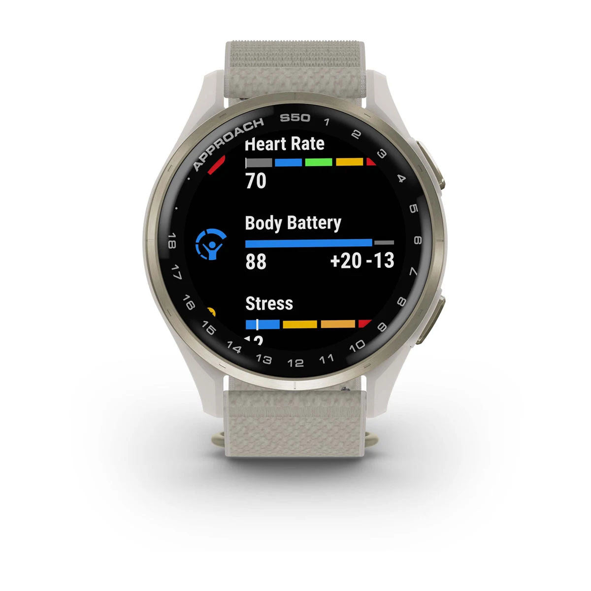 Garmin Approach S50 43mm AMOLED GPS Golf Smartwatch, Cream Gold Aluminum Bezel with Ivory ComfortFit Nylon Band