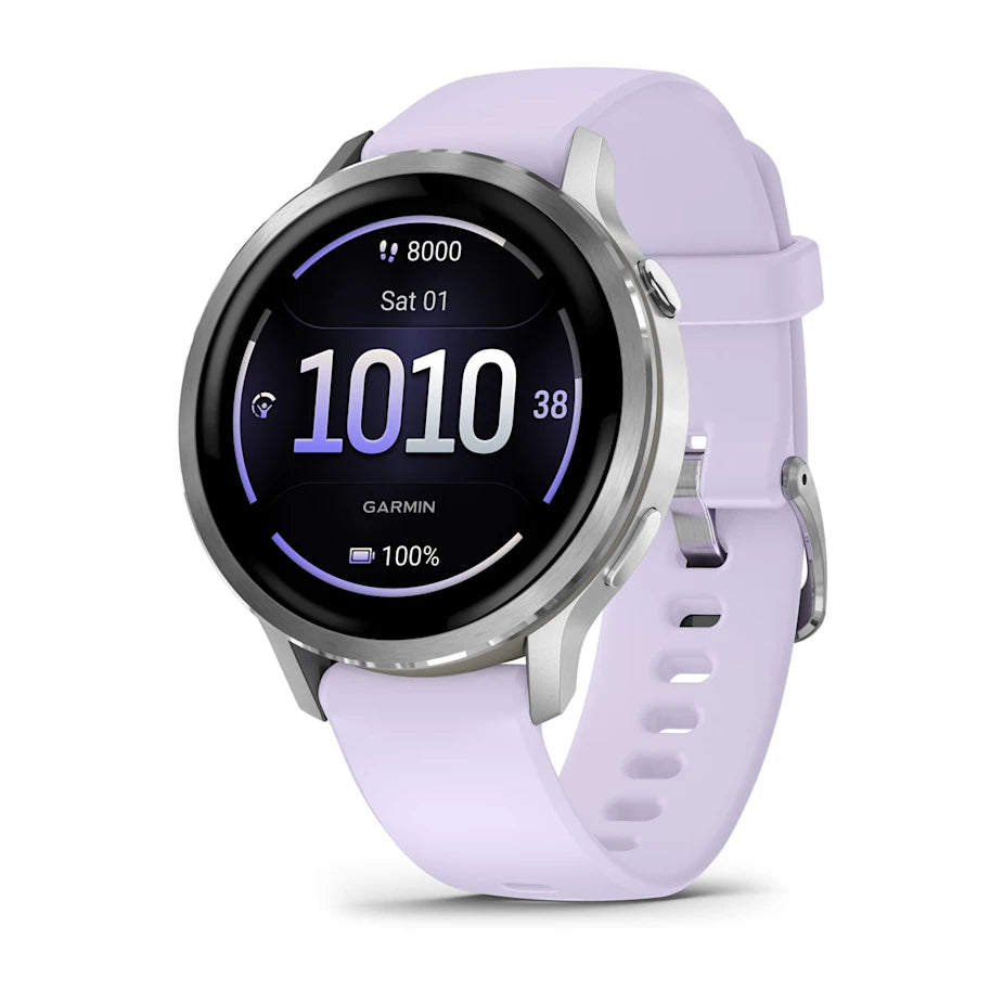 Garmin Venu 4, 41mm, Advanced Health and Fitness GPS Smartwatch, Bright and Colorful Display, Built-in Flashlight, 10 Days of Battery Life, Silver with Periwinkle Silicone Band