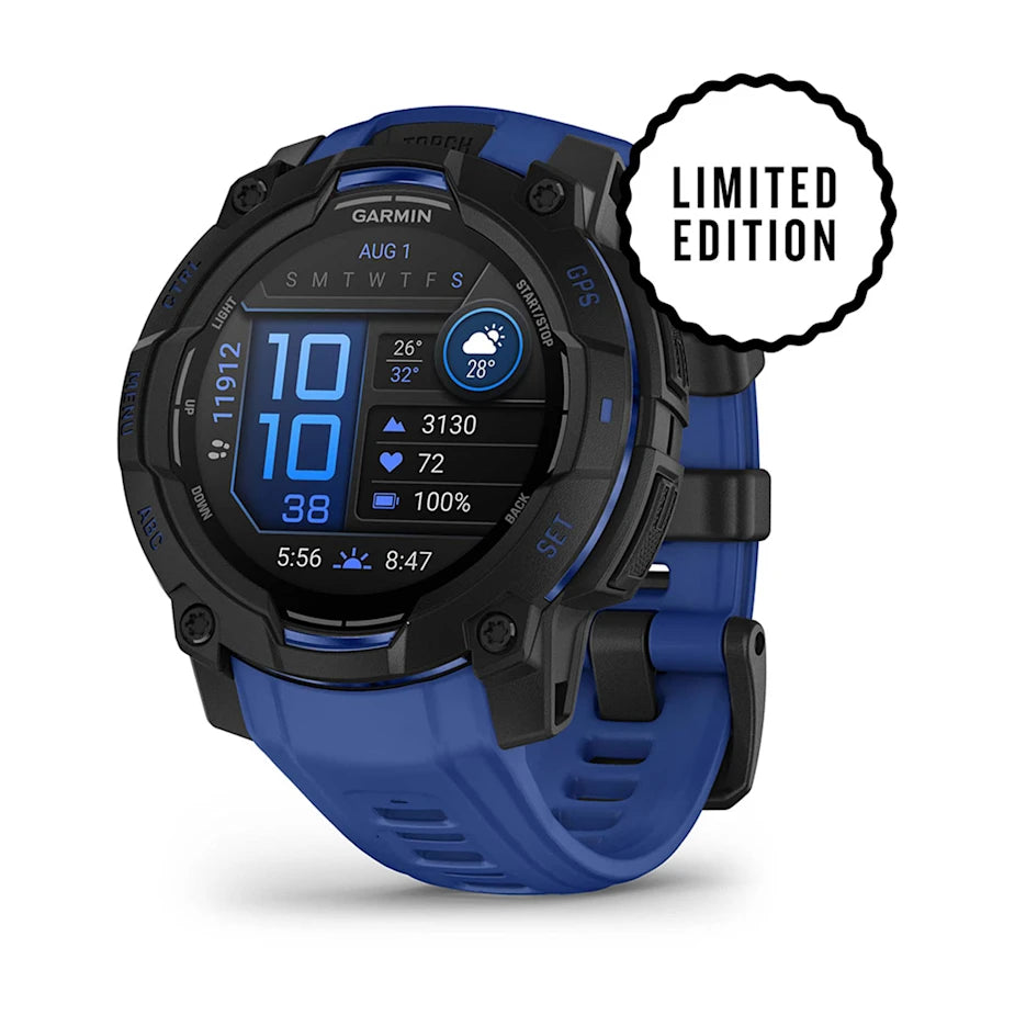 Garmin Instinct 3 – 45 mm, AMOLED Display, Rugged Outdoor GPS Smartwatch, Built-in Flashlight, Supernova Collection Limited Edition Color, Black with Bolt Blue/Black Silicone Band