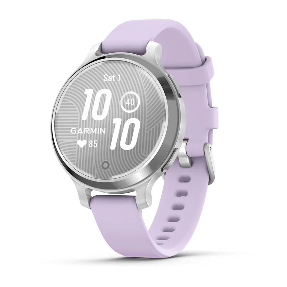 Garmin Lily 2 Active, Small and Stylish Smartwatch, Built-in GPS, Hidden Display, Patterned Lens, Up to 9 Days Battery Life, Silver with Purple Jasmine Silicone Band