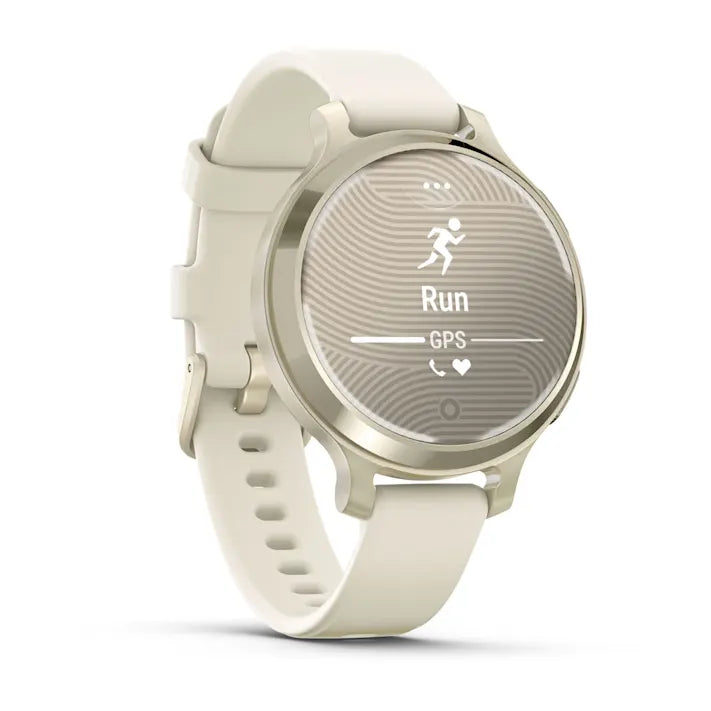Garmin Lily 2 Active, Small and Stylish Smartwatch, Hidden Display, Patterned Lens, Up to 5 Days Battery Life, Lunar Gold with Bone Silicone Band