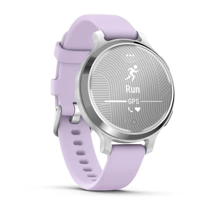Garmin Lily 2 Active, Small and Stylish Smartwatch, Built-in GPS, Hidden Display, Patterned Lens, Up to 9 Days Battery Life, Silver with Purple Jasmine Silicone Band