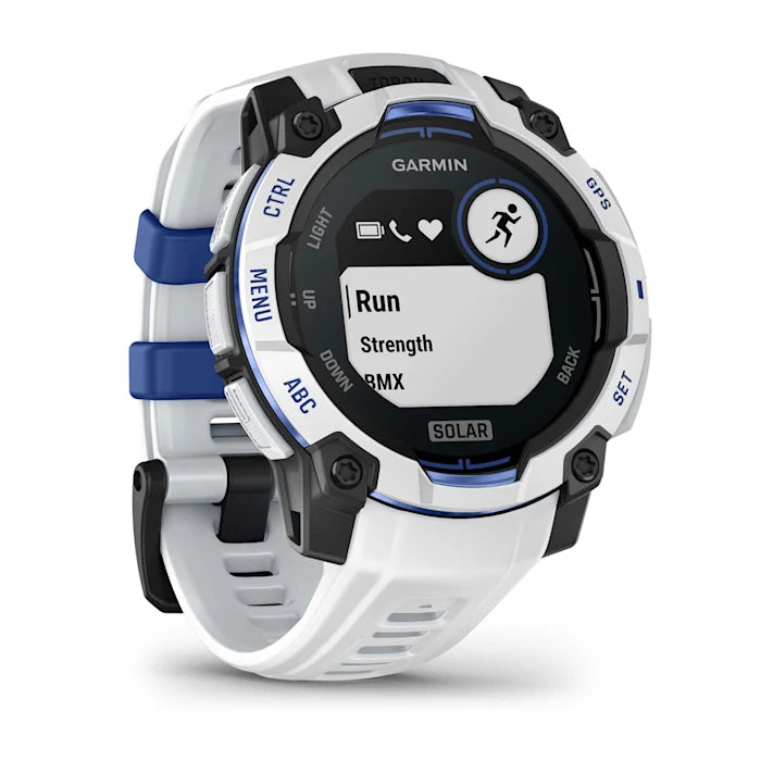 Garmin Instinct 3 – 45 mm, Solar, Rugged Outdoor GPS Smartwatch, Built-in Flashlight, Supernova Collection Limited Edition Color, Whitestone with Whitestone/Bolt Blue Silicone Band