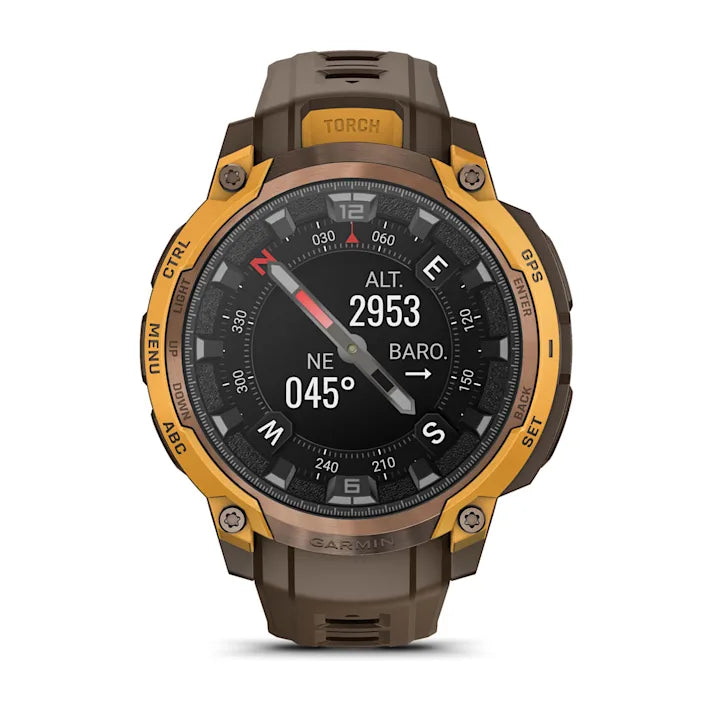 Garmin Instinct Crossover AMOLED, Rugged Hybrid GPS Smartwatch with Analog Watch Hands and Bright AMOLED Display, Bronze/Sunburst with Cocoa Silicone Band
