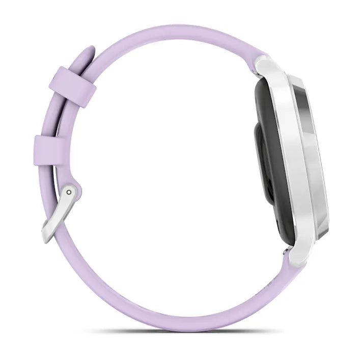 Garmin Lily 2 Active, Small and Stylish Smartwatch, Built-in GPS, Hidden Display, Patterned Lens, Up to 9 Days Battery Life, Silver with Purple Jasmine Silicone Band
