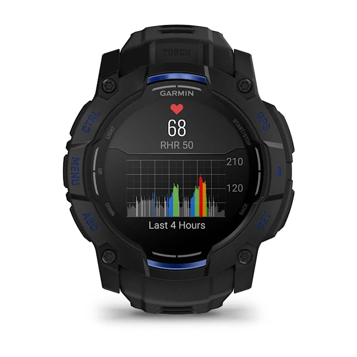 Garmin Instinct 3 – 50 mm, AMOLED Display, Rugged Outdoor GPS Smartwatch, Built-in Flashlight, Supernova Collection Limited Edition Color, Black with Black/Bolt Blue Silicone Band