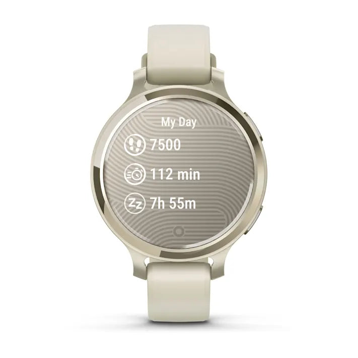 Garmin Lily 2 Active, Small and Stylish Smartwatch, Hidden Display, Patterned Lens, Up to 5 Days Battery Life, Lunar Gold with Bone Silicone Band