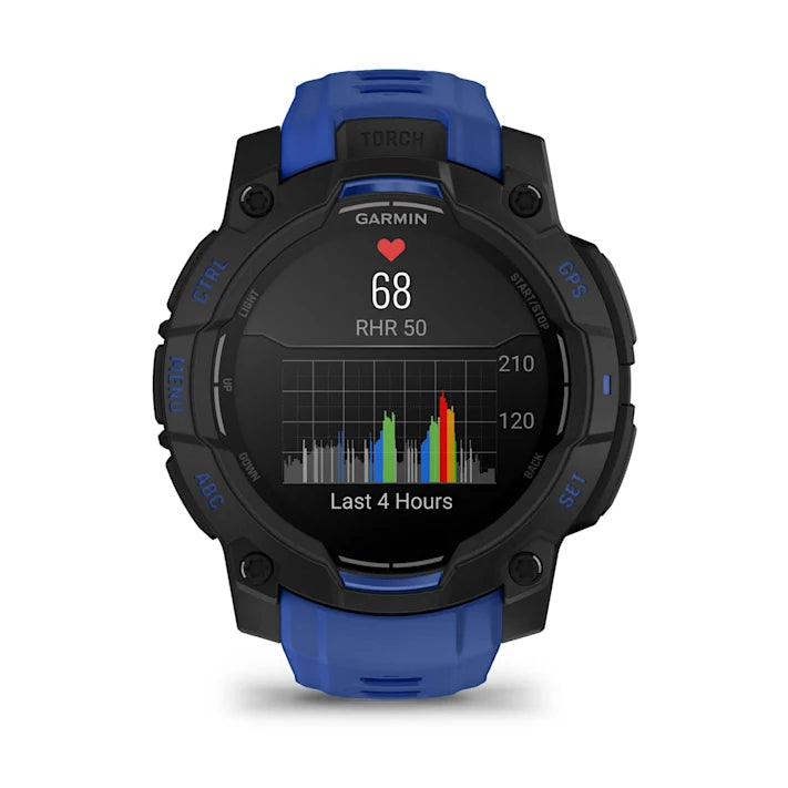 Garmin Instinct 3 – 45 mm, AMOLED Display, Rugged Outdoor GPS Smartwatch, Built-in Flashlight, Supernova Collection Limited Edition Color, Black with Bolt Blue/Black Silicone Band