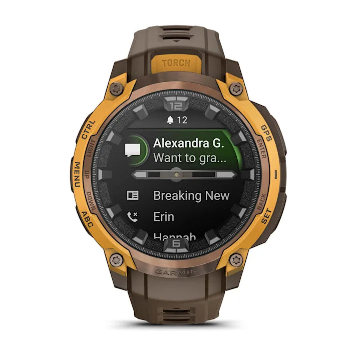 Garmin Instinct Crossover AMOLED, Rugged Hybrid GPS Smartwatch with Analog Watch Hands and Bright AMOLED Display, Bronze/Sunburst with Cocoa Silicone Band