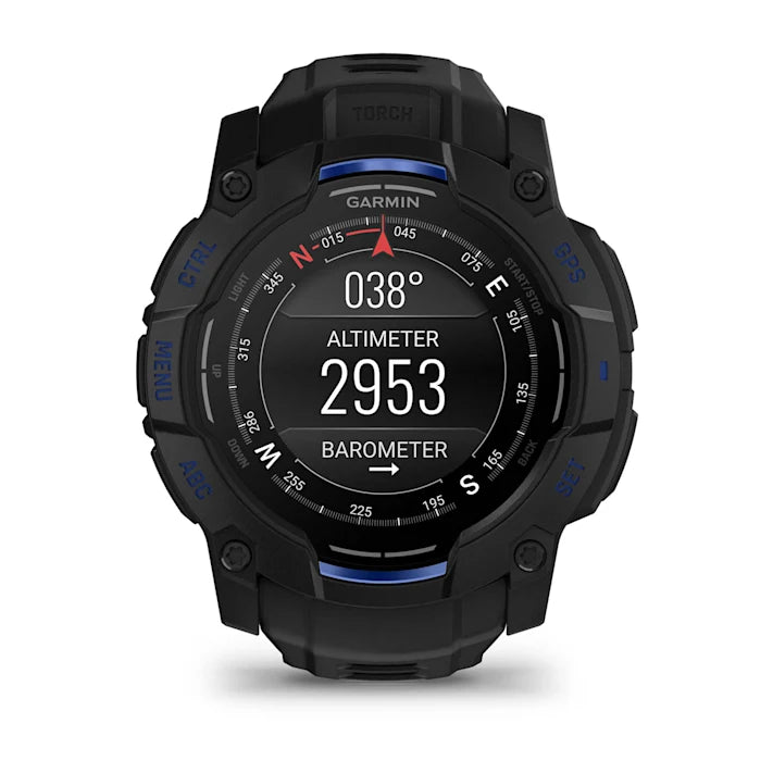 Garmin Instinct 3 – 50 mm, AMOLED Display, Rugged Outdoor GPS Smartwatch, Built-in Flashlight, Supernova Collection Limited Edition Color, Black with Black/Bolt Blue Silicone Band