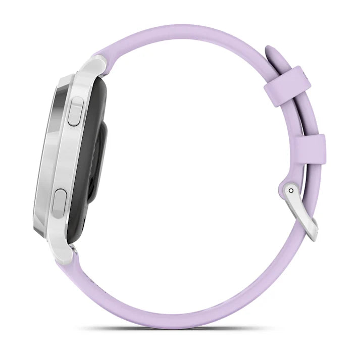 Garmin Lily 2 Active, Small and Stylish Smartwatch, Built-in GPS, Hidden Display, Patterned Lens, Up to 9 Days Battery Life, Silver with Purple Jasmine Silicone Band