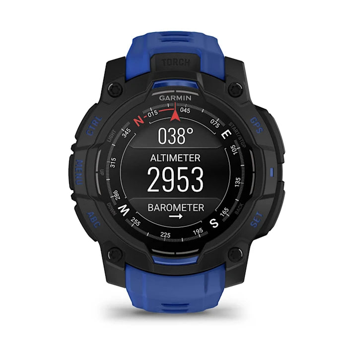 Garmin Instinct 3 – 45 mm, AMOLED Display, Rugged Outdoor GPS Smartwatch, Built-in Flashlight, Supernova Collection Limited Edition Color, Black with Bolt Blue/Black Silicone Band