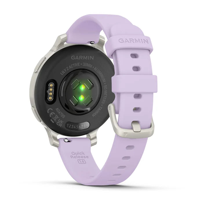 Garmin Lily 2 Active, Small and Stylish Smartwatch, Built-in GPS, Hidden Display, Patterned Lens, Up to 9 Days Battery Life, Silver with Purple Jasmine Silicone Band