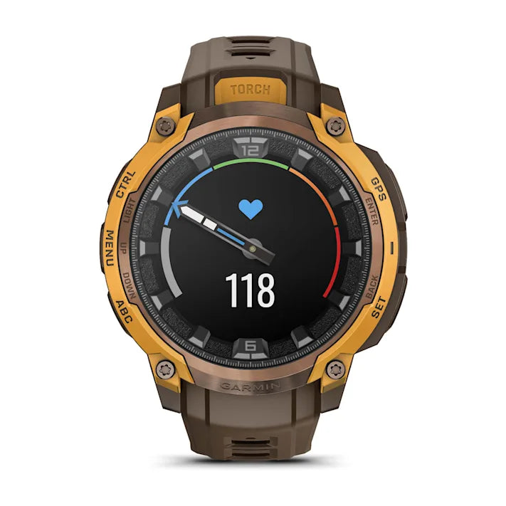 Garmin Instinct Crossover AMOLED, Rugged Hybrid GPS Smartwatch with Analog Watch Hands and Bright AMOLED Display, Bronze/Sunburst with Cocoa Silicone Band