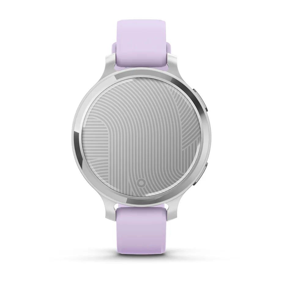 Garmin Lily 2 Active, Small and Stylish Smartwatch, Built-in GPS, Hidden Display, Patterned Lens, Up to 9 Days Battery Life, Silver with Purple Jasmine Silicone Band