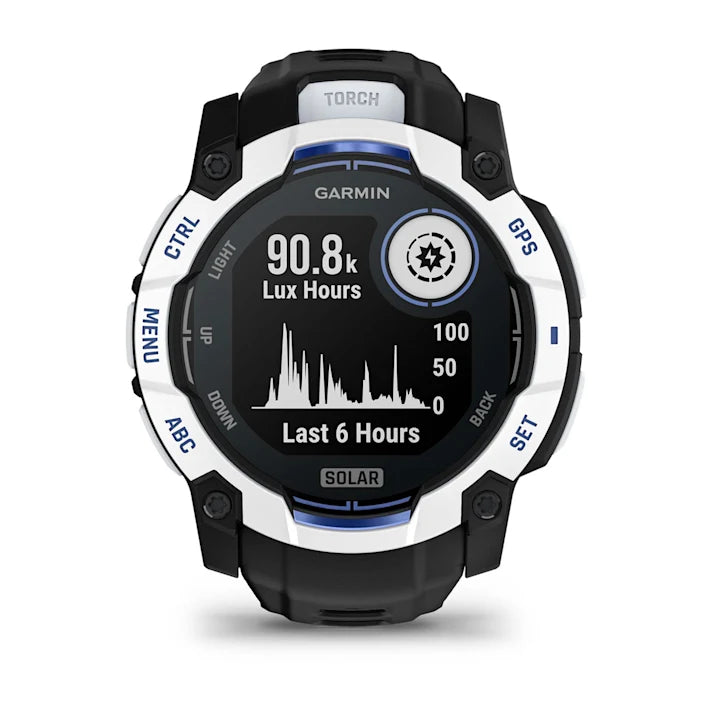 Garmin Instinct 3 – 50 mm, Solar, Rugged Outdoor GPS Smartwatch, Built-in Flashlight, Supernova Collection Limited Edition Color, Whitestone with Black/Bolt Blue Silicone Band