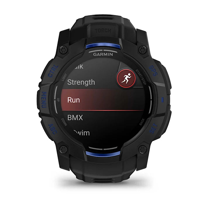 Garmin Instinct 3 – 50 mm, AMOLED Display, Rugged Outdoor GPS Smartwatch, Built-in Flashlight, Supernova Collection Limited Edition Color, Black with Black/Bolt Blue Silicone Band