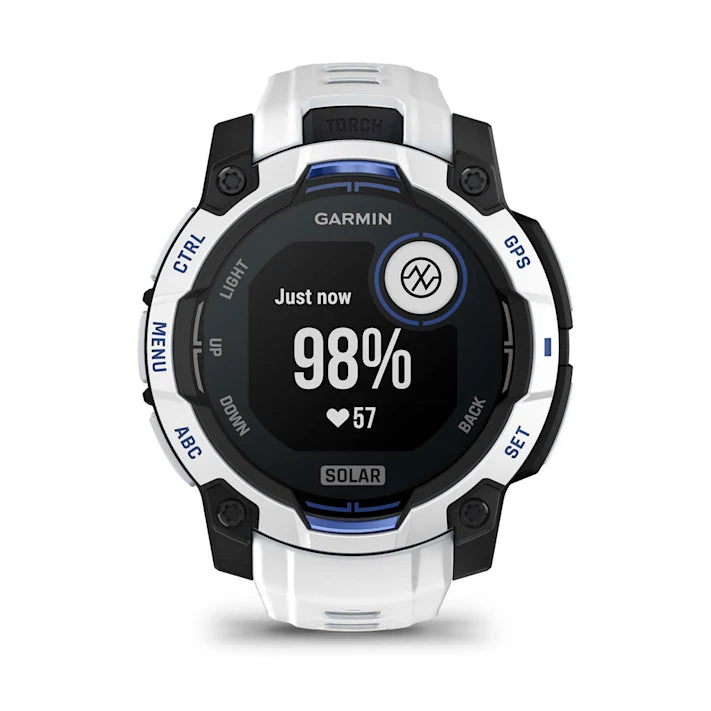 Garmin Instinct 3 – 45 mm, Solar, Rugged Outdoor GPS Smartwatch, Built-in Flashlight, Supernova Collection Limited Edition Color, Whitestone with Whitestone/Bolt Blue Silicone Band