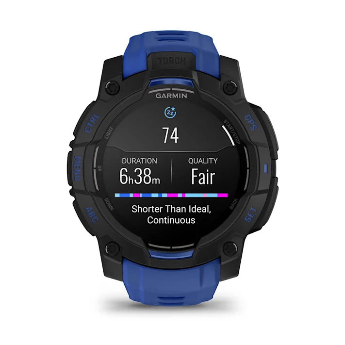 Garmin Instinct 3 – 45 mm, AMOLED Display, Rugged Outdoor GPS Smartwatch, Built-in Flashlight, Supernova Collection Limited Edition Color, Black with Bolt Blue/Black Silicone Band