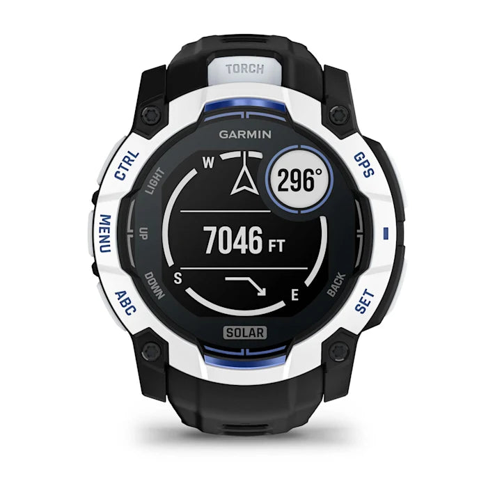 Garmin Instinct 3 – 50 mm, Solar, Rugged Outdoor GPS Smartwatch, Built-in Flashlight, Supernova Collection Limited Edition Color, Whitestone with Black/Bolt Blue Silicone Band