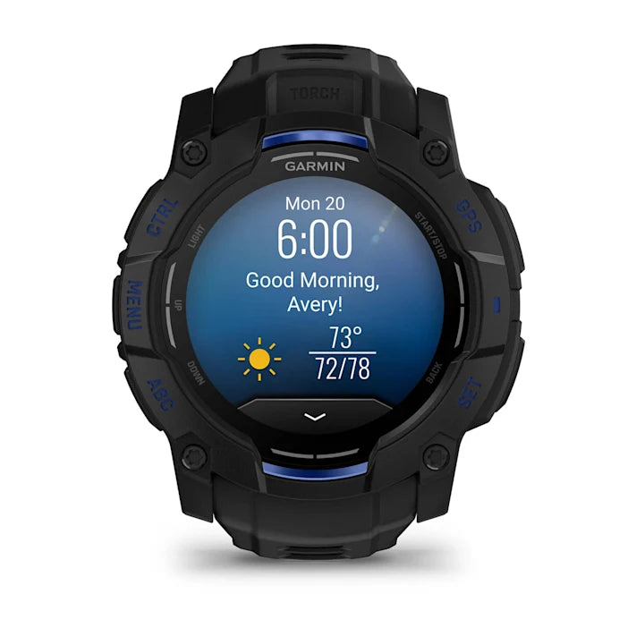 Garmin Instinct 3 – 50 mm, AMOLED Display, Rugged Outdoor GPS Smartwatch, Built-in Flashlight, Supernova Collection Limited Edition Color, Black with Black/Bolt Blue Silicone Band