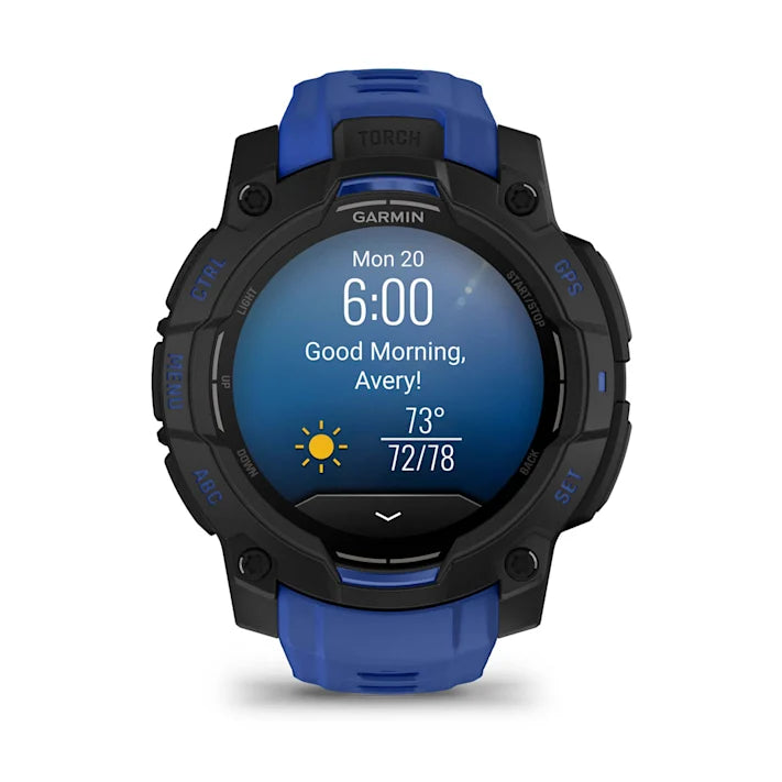 Garmin Instinct 3 – 45 mm, AMOLED Display, Rugged Outdoor GPS Smartwatch, Built-in Flashlight, Supernova Collection Limited Edition Color, Black with Bolt Blue/Black Silicone Band
