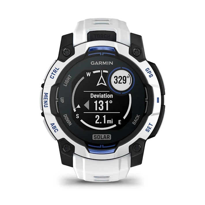 Garmin Instinct 3 – 45 mm, Solar, Rugged Outdoor GPS Smartwatch, Built-in Flashlight, Supernova Collection Limited Edition Color, Whitestone with Whitestone/Bolt Blue Silicone Band