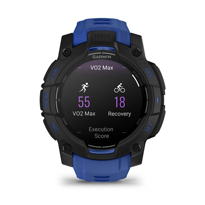 Garmin Instinct 3 – 45 mm, AMOLED Display, Rugged Outdoor GPS Smartwatch, Built-in Flashlight, Supernova Collection Limited Edition Color, Black with Bolt Blue/Black Silicone Band