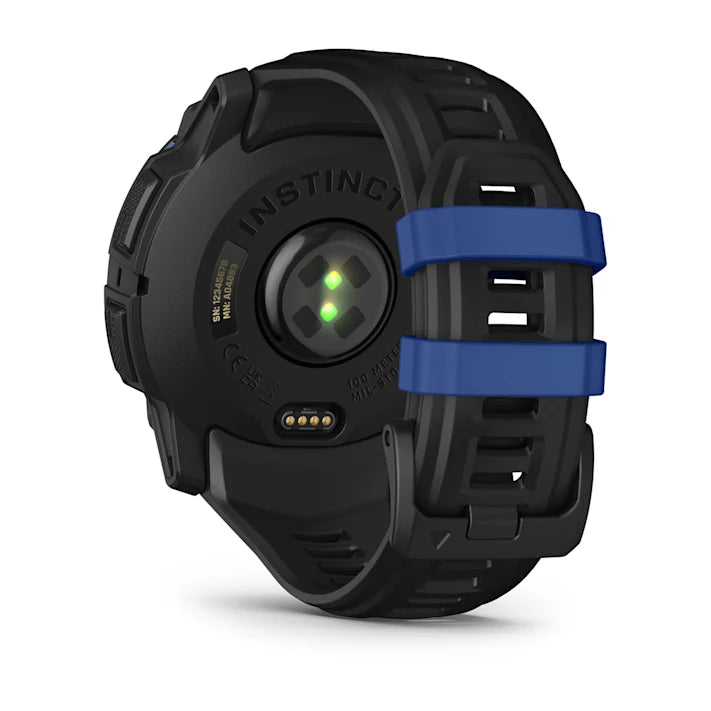 Garmin Instinct 3 – 50 mm, AMOLED Display, Rugged Outdoor GPS Smartwatch, Built-in Flashlight, Supernova Collection Limited Edition Color, Black with Black/Bolt Blue Silicone Band