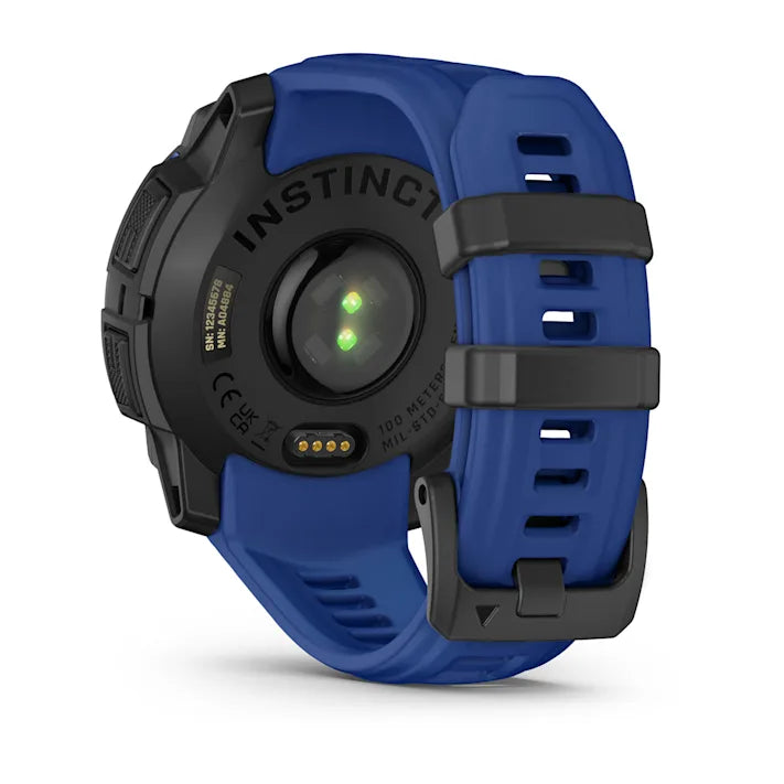 Garmin Instinct 3 – 45 mm, AMOLED Display, Rugged Outdoor GPS Smartwatch, Built-in Flashlight, Supernova Collection Limited Edition Color, Black with Bolt Blue/Black Silicone Band