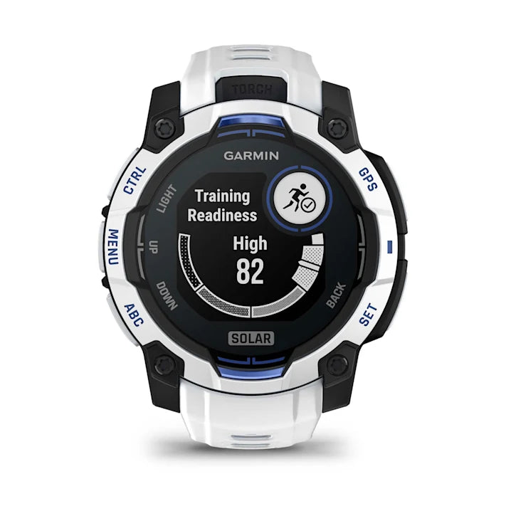 Garmin Instinct 3 – 45 mm, Solar, Rugged Outdoor GPS Smartwatch, Built-in Flashlight, Supernova Collection Limited Edition Color, Whitestone with Whitestone/Bolt Blue Silicone Band