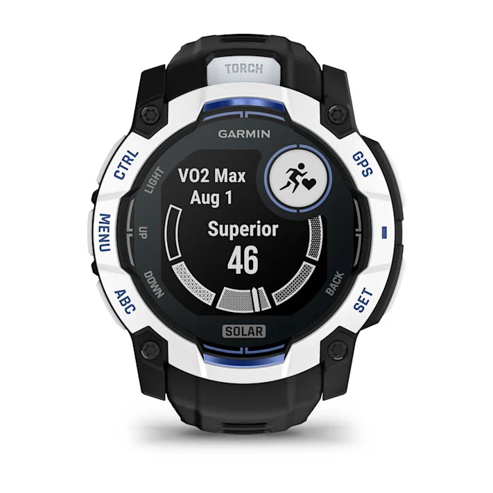 Garmin Instinct 3 – 50 mm, Solar, Rugged Outdoor GPS Smartwatch, Built-in Flashlight, Supernova Collection Limited Edition Color, Whitestone with Black/Bolt Blue Silicone Band