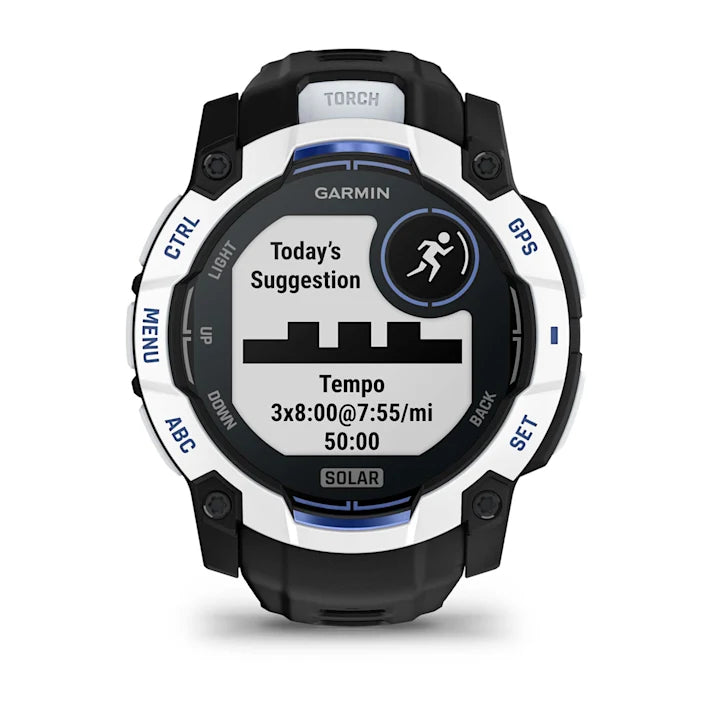 Garmin Instinct 3 – 50 mm, Solar, Rugged Outdoor GPS Smartwatch, Built-in Flashlight, Supernova Collection Limited Edition Color, Whitestone with Black/Bolt Blue Silicone Band
