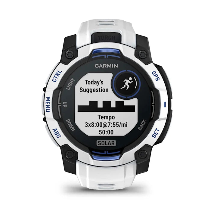 Garmin Instinct 3 – 45 mm, Solar, Rugged Outdoor GPS Smartwatch, Built-in Flashlight, Supernova Collection Limited Edition Color, Whitestone with Whitestone/Bolt Blue Silicone Band