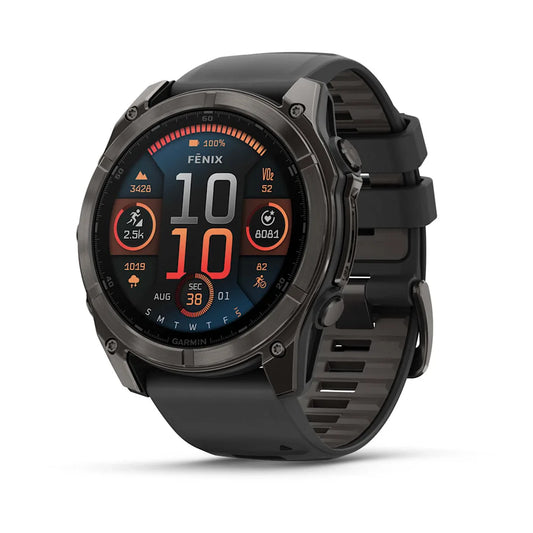 Garmin fenix 8 AMOLED Sapphire 43mm GPS Smartwatch, Carbon Gray DLC Titanium w/Black/Pebble Gray Silicone Band