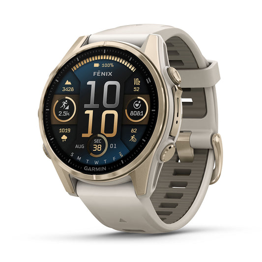Garmin fenix 8 Sapphire 43mm AMOLED GPS Smartwatch, Soft Gold Stainless Steel with Fog Gray/Dark Sandstone Silicone