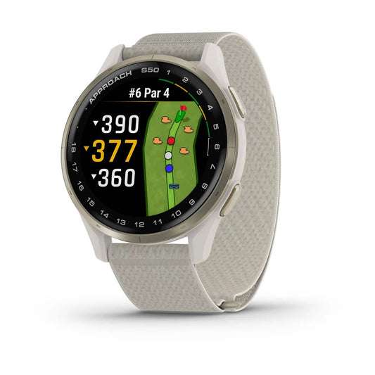 Garmin Approach S50 43mm AMOLED GPS Golf Smartwatch, Cream Gold Aluminum Bezel with Ivory ComfortFit Nylon Band