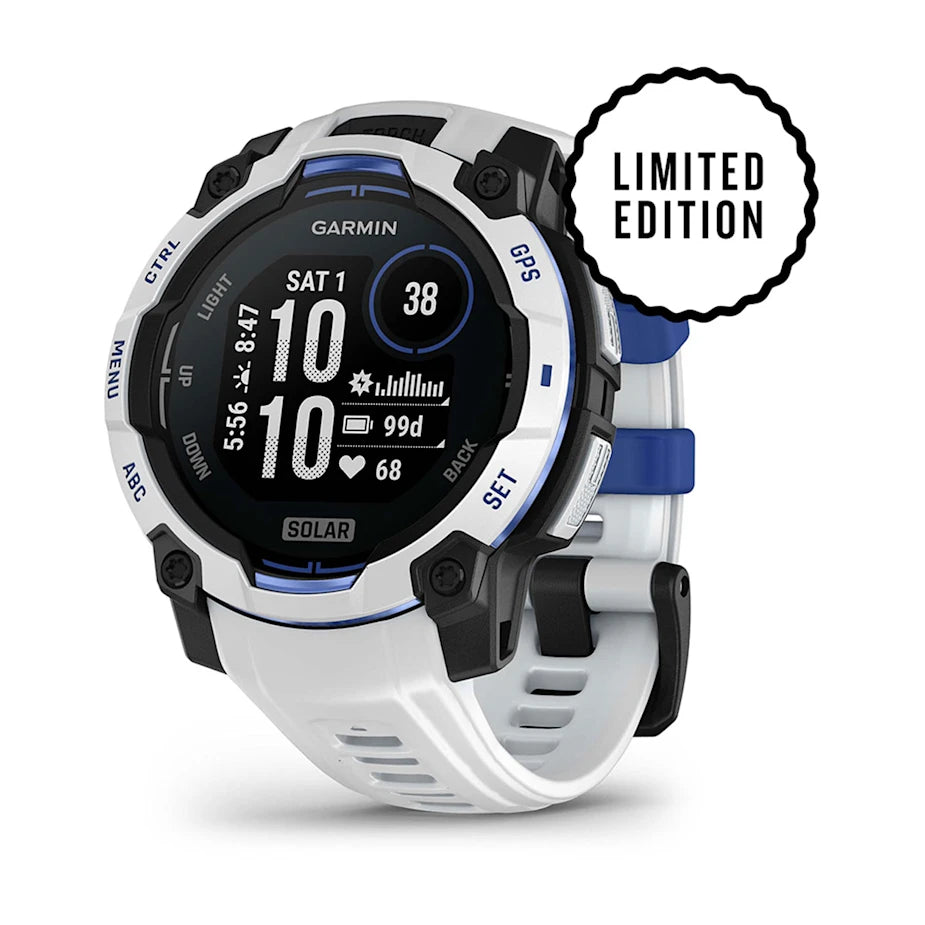 Garmin Instinct 3 – 45 mm, Solar, Rugged Outdoor GPS Smartwatch, Built-in Flashlight, Supernova Collection Limited Edition Color, Whitestone with Whitestone/Bolt Blue Silicone Band