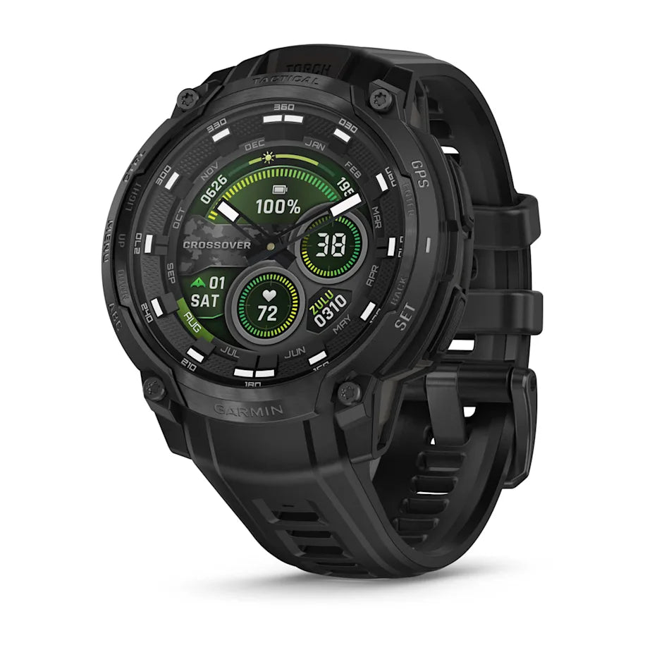 Garmin Instinct Crossover AMOLED - Tactical Edition, Rugged Hybrid GPS Tactical Smartwatch with Analog Watch Hands and Bright AMOLED Display, Black with Black Silicone Band