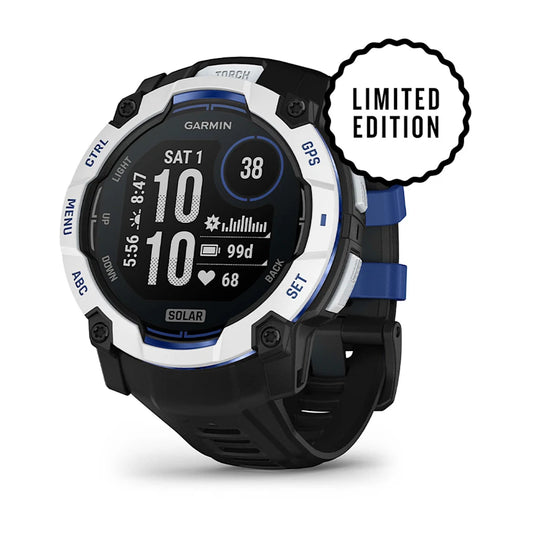 Garmin Instinct 3 – 50 mm, Solar, Rugged Outdoor GPS Smartwatch, Built-in Flashlight, Supernova Collection Limited Edition Color, Whitestone with Black/Bolt Blue Silicone Band
