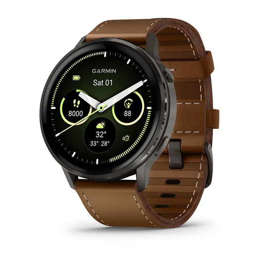 Garmin Venu 4, 45mm, Advanced Health and Fitness GPS Smartwatch, Bright and Colorful Display, Built-in Flashlight, 12 Days of Battery Life, Slate with Black Silicone Band/Brown Leather Band