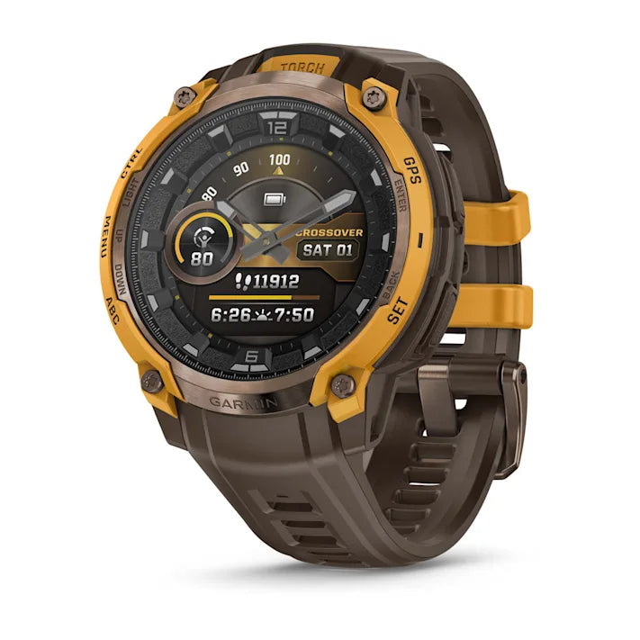 Garmin Instinct Crossover AMOLED, Rugged Hybrid GPS Smartwatch with Analog Watch Hands and Bright AMOLED Display, Bronze/Sunburst with Cocoa Silicone Band
