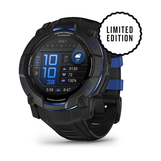Garmin Instinct 3 – 50 mm, AMOLED Display, Rugged Outdoor GPS Smartwatch, Built-in Flashlight, Supernova Collection Limited Edition Color, Black with Black/Bolt Blue Silicone Band